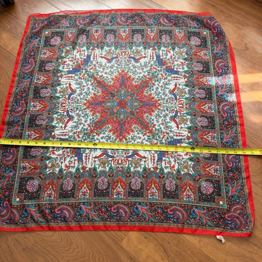 Vintage Paisley Floral Silk Scarf Red Blue Boho Made In Italy Neckerchief 31